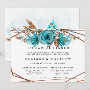 Turquoise Gold Peony Geometric Rehearsal Dinner Invitation