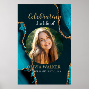  Turquoise & Gold Photo Funeral Memorial Sign