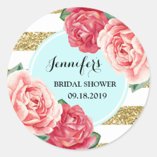 Turquoise Gold Pink Floral Bridal Shower Favour Ta Classic Round Sticker