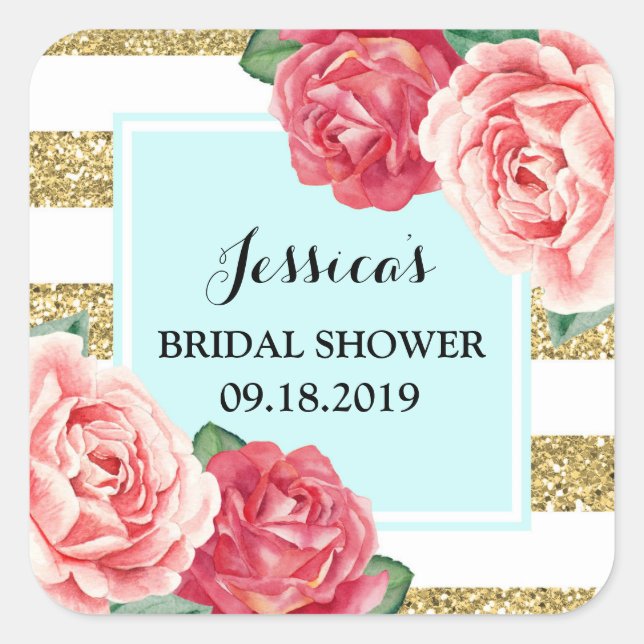Turquoise Gold Pink Floral Bridal Shower Favour Ta Square Sticker (Front)