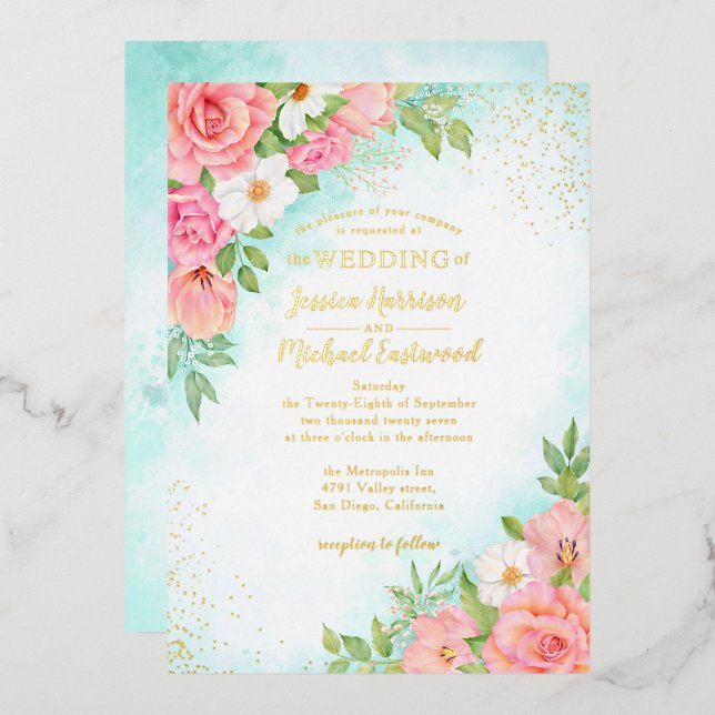 Turquoise Gold Pink Rose Floral Botanical Wedding (Front/Back)