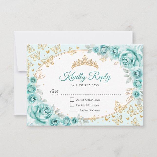 Turquoise Gold Quinceanera Reply RSVP Card (Front)