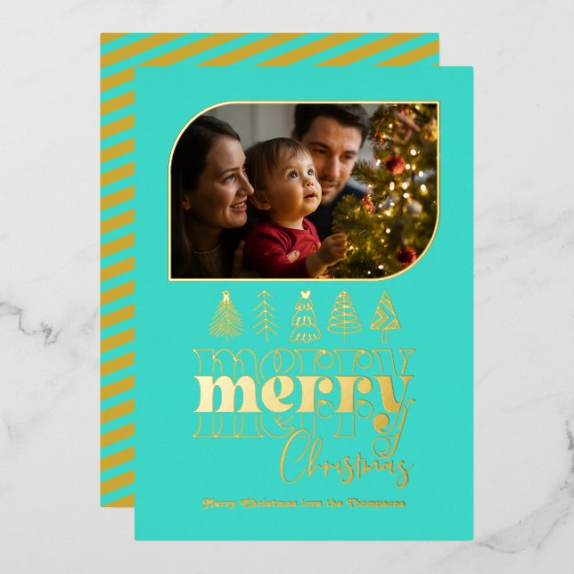 Turquoise & Gold Retro Doodle Christmas Photo Foil Holiday Card (Front/Back)