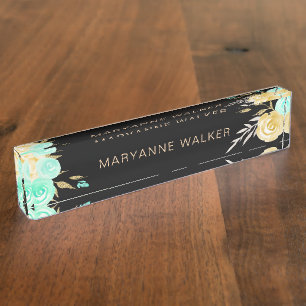 Turquoise Gold Roses   Personalised Desk Nameplate