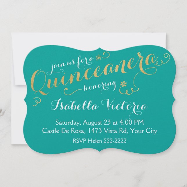 Turquoise & Gold Script Quinceanera Invitation (Front)