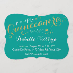 Turquoise & Gold Script Quinceanera Invitation