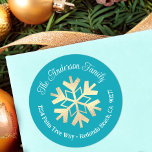 Turquoise Gold Snowflake Modern Simple Address Classic Round Sticker<br><div class="desc">A bold, simple, graphic visual of a faux gold foil snowflake, white calligraphy script, and playful, whimsical white typography overlay a turquoise blue background. Help usher in the Christmas, Hanukkah, and New Year holiday season whenever you use this stylish and modern custom return address label sticker. Personalise with your name...</div>
