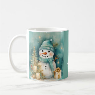 Turquoise & Gold Snowman with Christmas Tree Coffee Mug