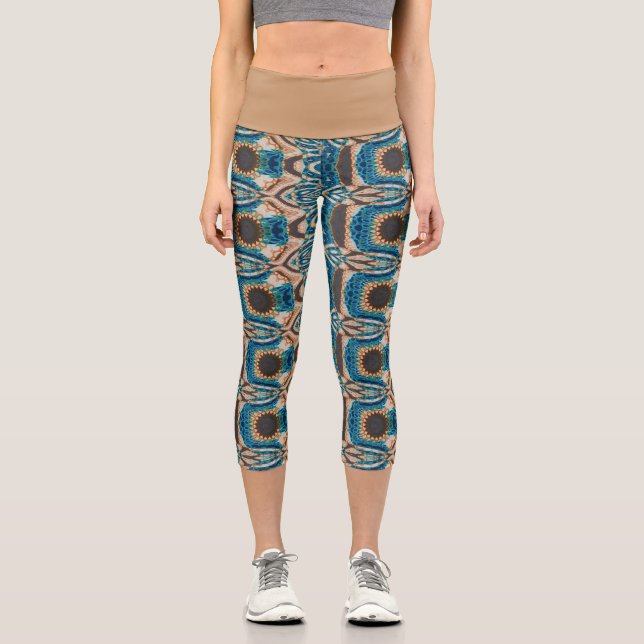 Turquoise Gold Sun Southwestern Art Capri Leggings (Front)