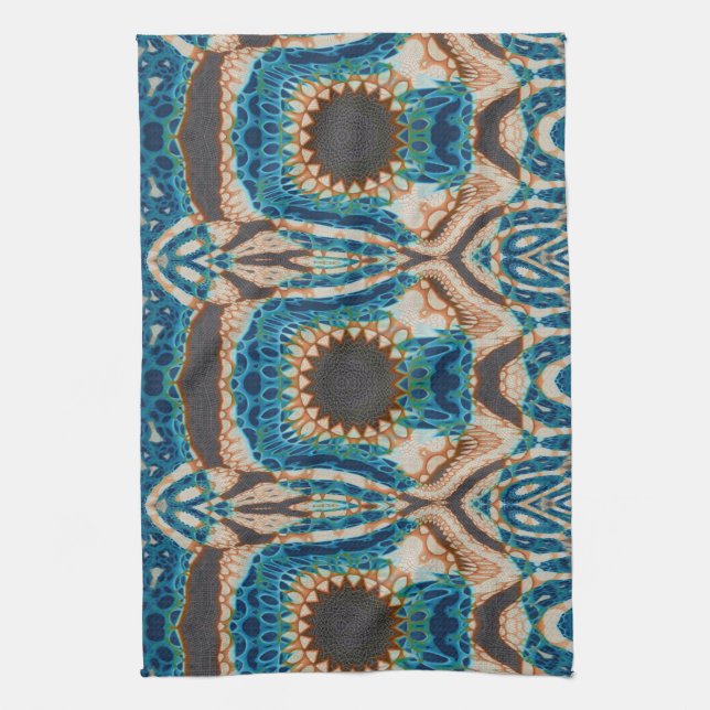 Turquoise Gold Sun Southwestern Art Tea Towel (Vertical)