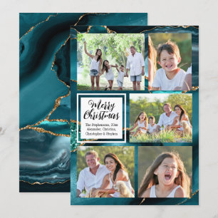 Turquoise Gold Swirl Agate 5-Photo Merry Christmas Invitation