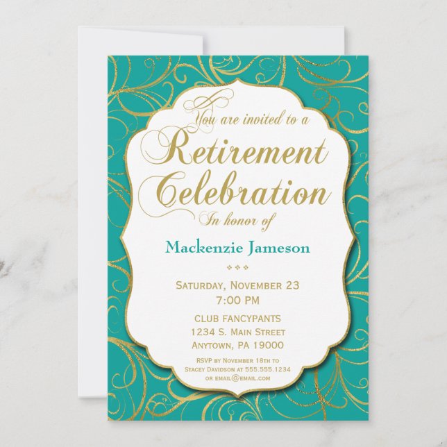Turquoise Gold Swirl Retirement Invitation Elegant (Front)