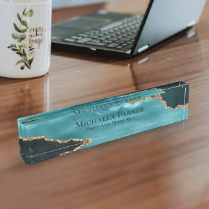 Turquoise Gold Teal Blue Agate Geode Elegant  Nameplate