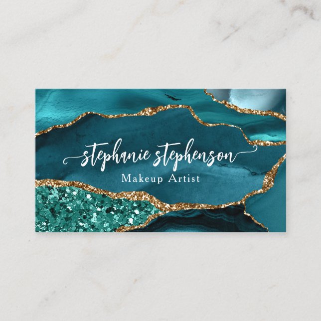 Turquoise Gold Teal Glitter Agate Unique Bold Glam Business Card (Front)