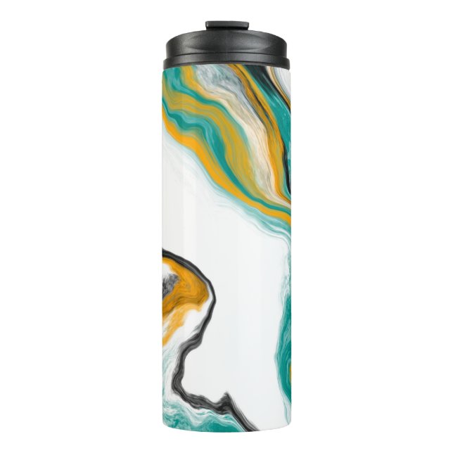 Turquoise, Gold, Teal, White Marble Fluid Art Thermal Tumbler (Front)