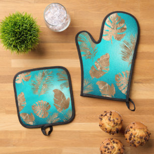 Turquoise Gold Tropical Leaves Oven Mitt & Pot Holder Set