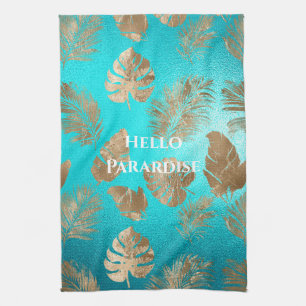 Turquoise Gold Tropical Leaves Tea Towel