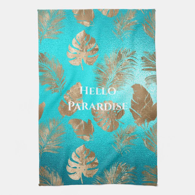 Turquoise Gold Tropical Leaves Tea Towel (Vertical)