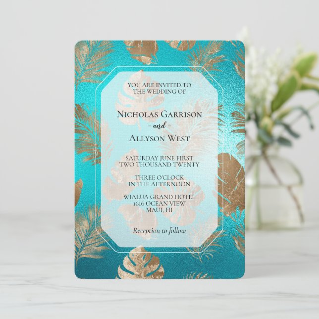 Turquoise Gold Tropical Leaves Wedding Invitation (Standing Front)