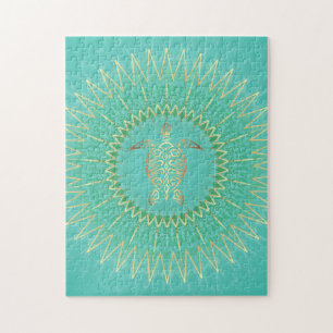 Turquoise Gold Turtle Coastal Maritime Mandala Jigsaw Puzzle