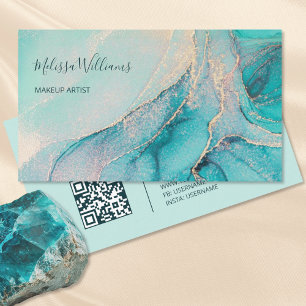 Turquoise Gold Watercolor QR Code Business Card