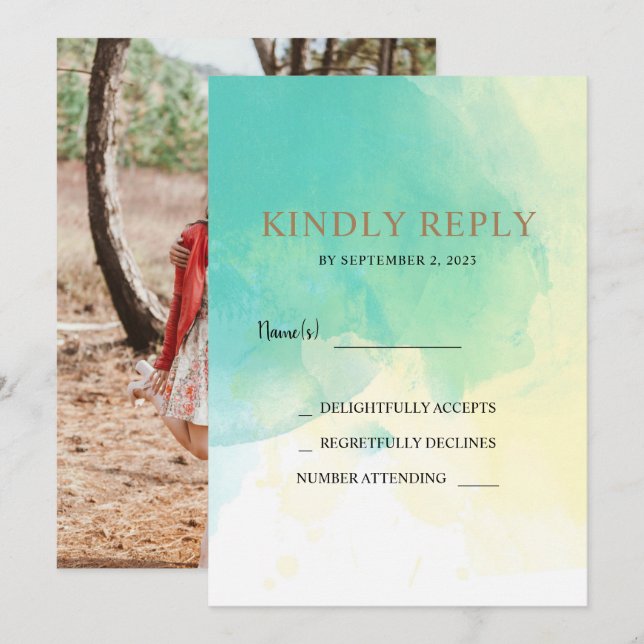 Turquoise gold watercolor RSVP photo wedding card (Front/Back)
