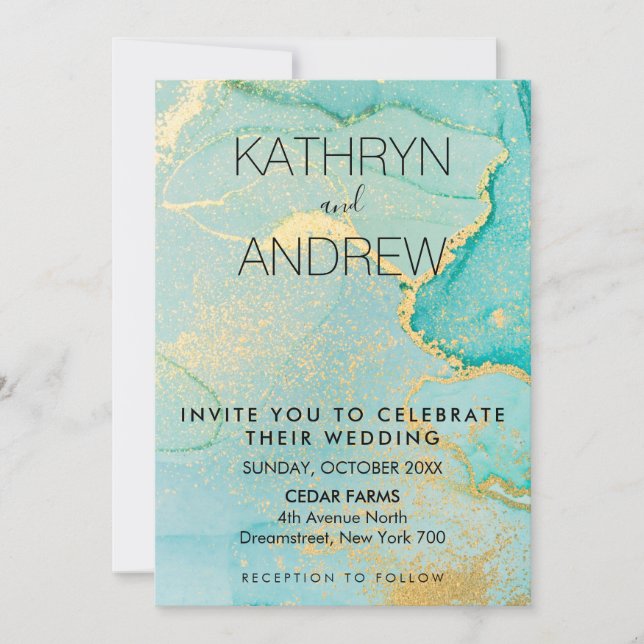 Turquoise Gold Wedding Invitation (Front)