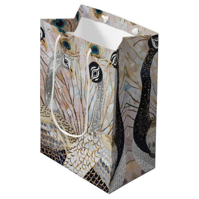 Turquoise Gold White Peacocks Medium Gift Bag (Front Angled)