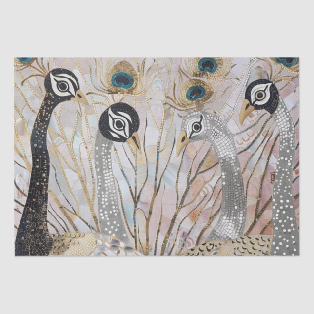 Turquoise Gold White Peacocks Tissue Paper (Front)