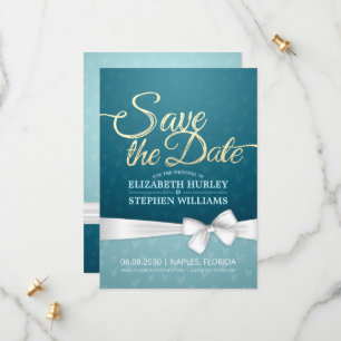 Turquoise Gold & White Ribbon Script Save The Date