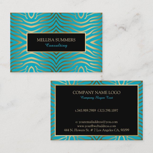 Turquoise & Gold Zebra Stripes Business Card (Front/Back)