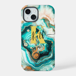 Turquoise Golden Agate Custom Modern Monogram iPhone 15 Case