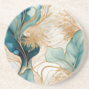 Turquoise Golden Alcohol Ink Abstract Coaster