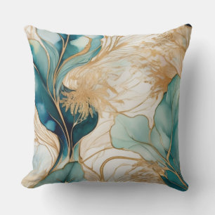 Turquoise & Golden Alcohol Ink Abstract  Cushion