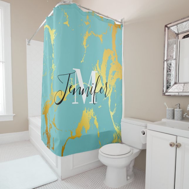 Turquoise Golden Foil Shower Curtain (In Situ)