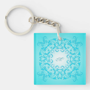 Turquoise gradient baroque texture. monogram key ring