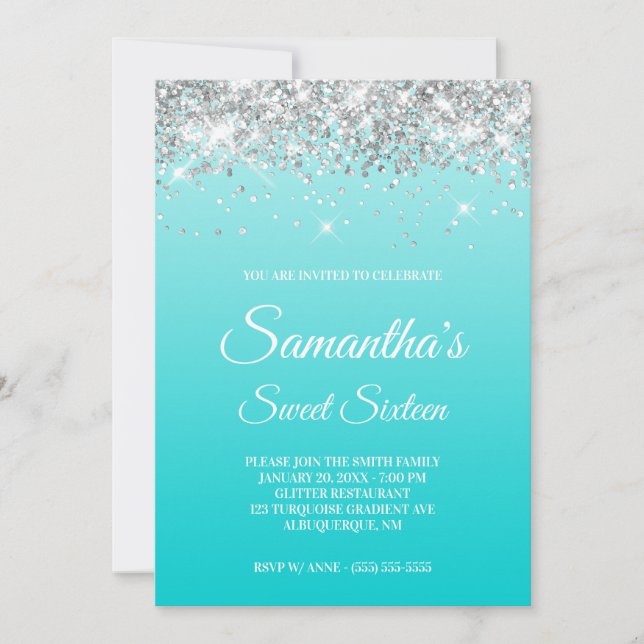Turquoise Gradient Silver Glitter Sweet Sixteen Invitation (Front)