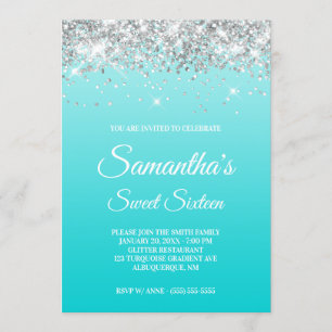 Turquoise Gradient Silver Glitter Sweet Sixteen Invitation