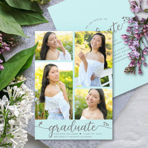 Turquoise Graduation 4 Photo Modern Script Hearts  Announcement