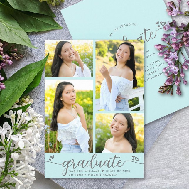 Turquoise Graduation 4 Photo Modern Script Hearts  Announcement (Creator Uploaded)