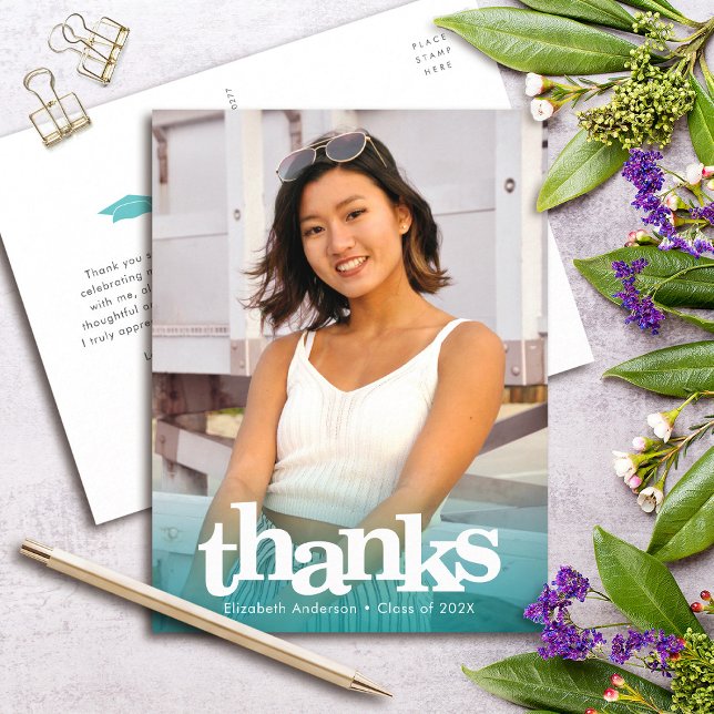 Turquoise graduation photo bold type thank you postcard (Creator Uploaded)