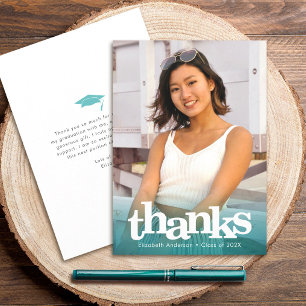 Turquoise graduation photo bold typography modern thank you card