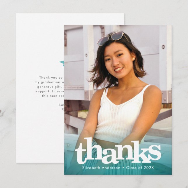 Turquoise graduation photo bold typography modern thank you card (Front/Back)