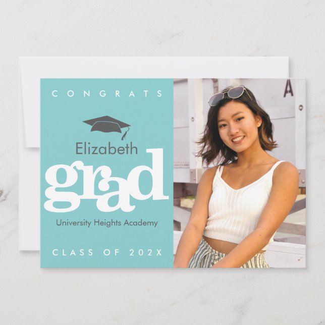 Turquoise graduation photo grey cap modern bold announcement (Front)