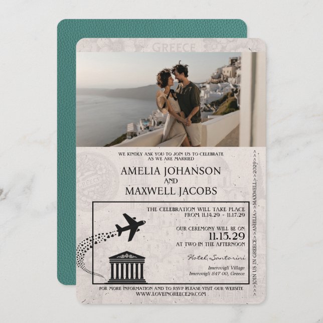 Turquoise Greece Passport Wedding Invitation (Front/Back)