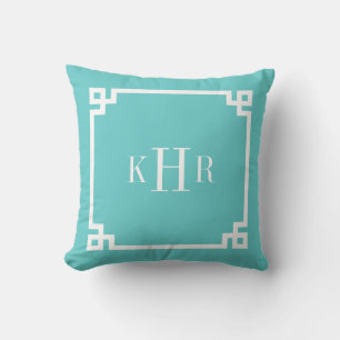 Turquoise Greek Key Border Custom Monogram Cushion