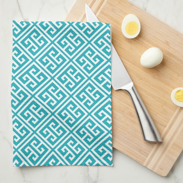 Turquoise Greek Key Pattern Tea Towel (Quarter Fold)