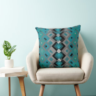 Turquoise, green and black geometric cushion