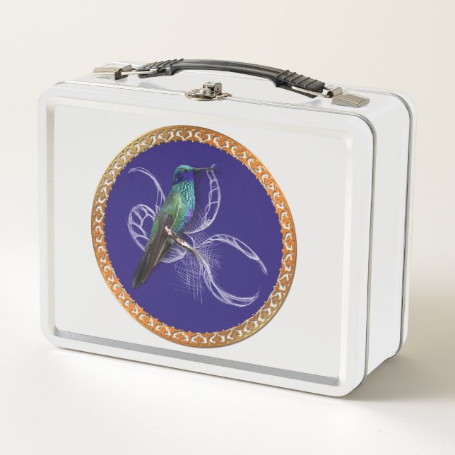 Turquoise green and blue with purple hummingbird metal lunch box (Front)