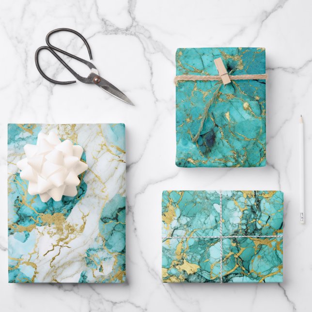 Turquoise Green And Golden Marble Wrapping Paper Sheet (Front)